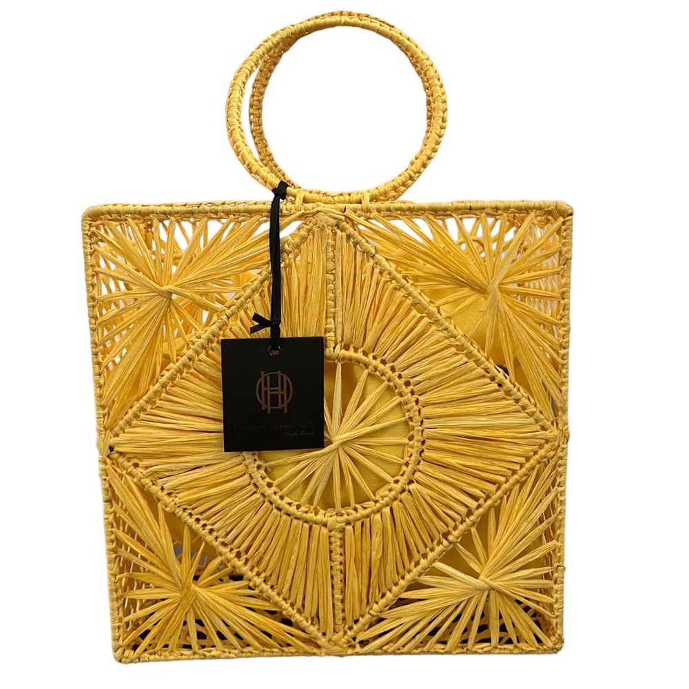 House of Harlow 1960 Raffia by Nicole Ritchie Yellow Woven Tote Handbag NWT